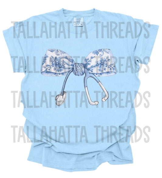 Blue Bow Stethoscope | Short Sleeve | Comfort Colors | Tee