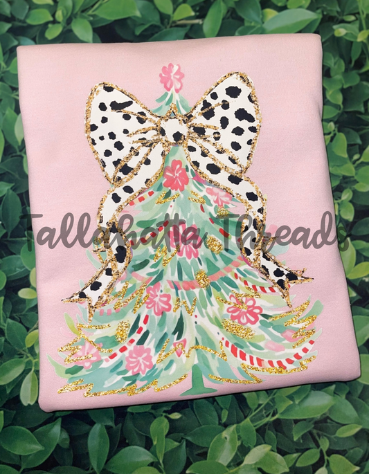 Christmas Tree | Glitter Dalmatian Bow | Sweatshirt & Tee | Light Pink